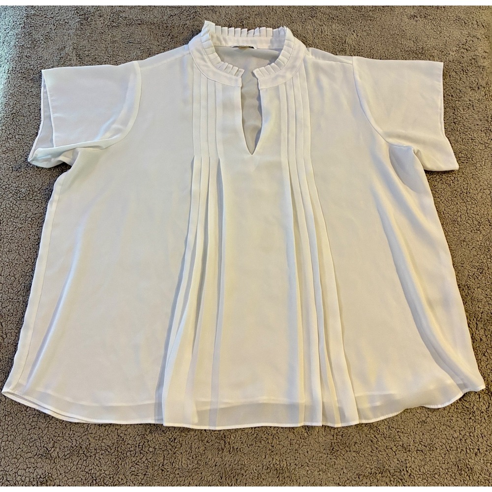 Calvin Klein White Split Neck Blouse Pintuck Short Sleeve Flowy Top Women's 1X